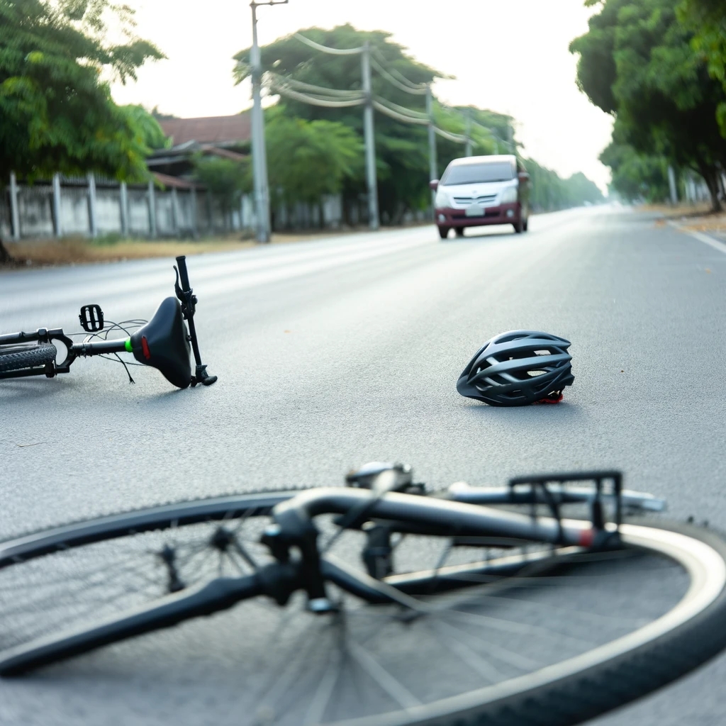 Parts of a blue and silver bicycle on the road after a bicycle accident in Chicago