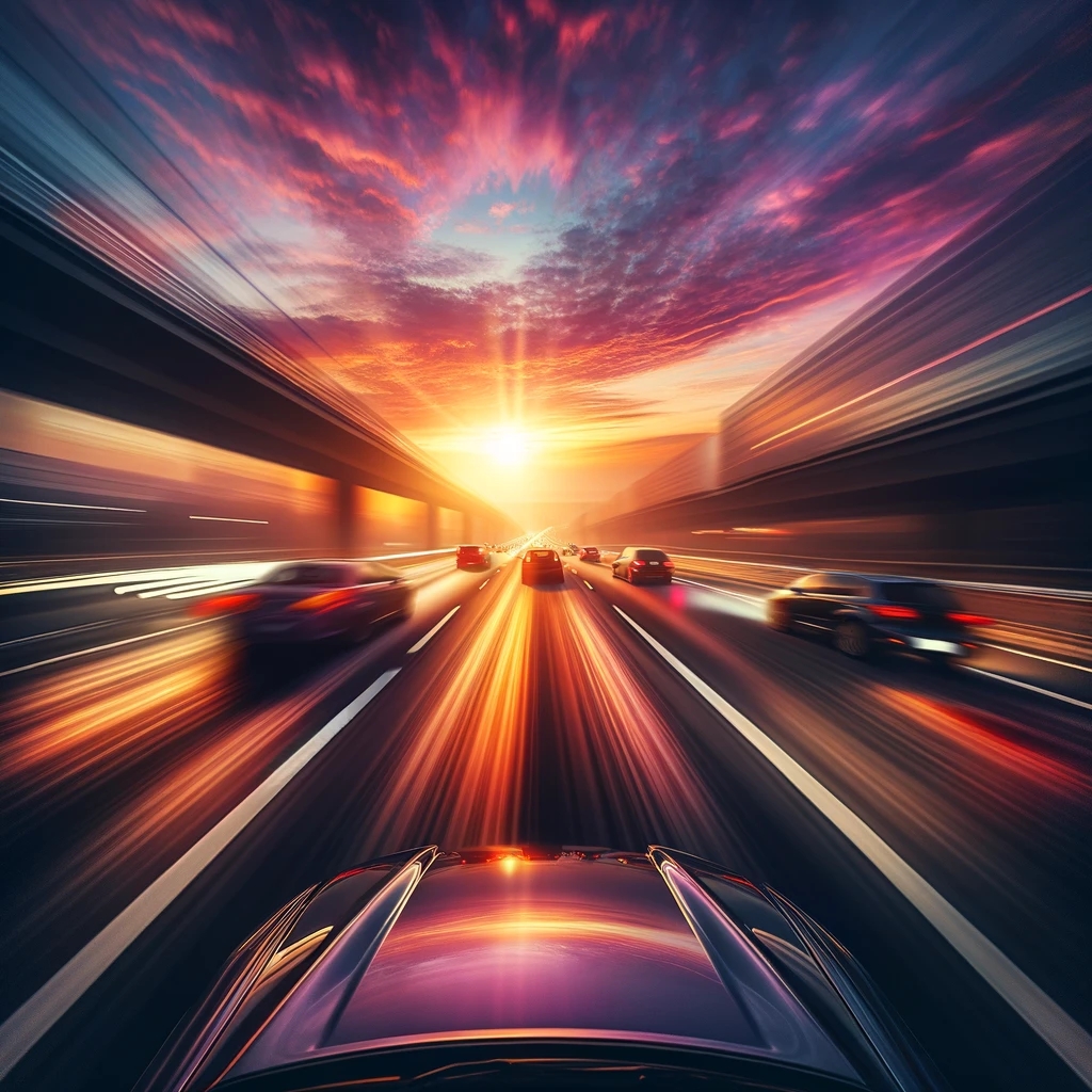 Car speeding down a highway in Alabama during sunrise